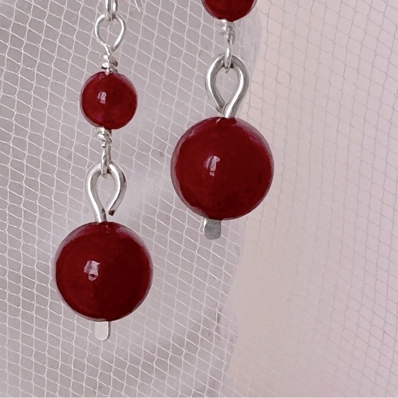 ARTISAN 𝅺Crimson Red Jade Beaded Dangle Sterling Silver Earrings - Picture 5 of 14